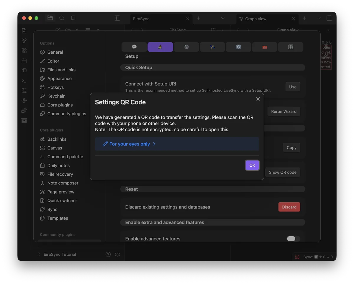 On your primary device, reveal the Setup URI QR code in LiveSync settings